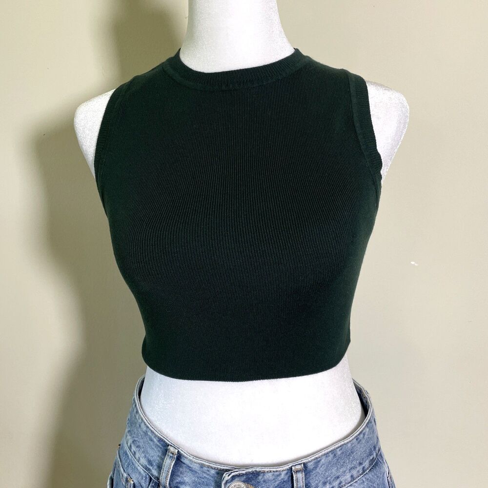 Zara Women's Green Sleeveless Ribbed Knit Crop Top Crewneck Tank Sz Small Casual